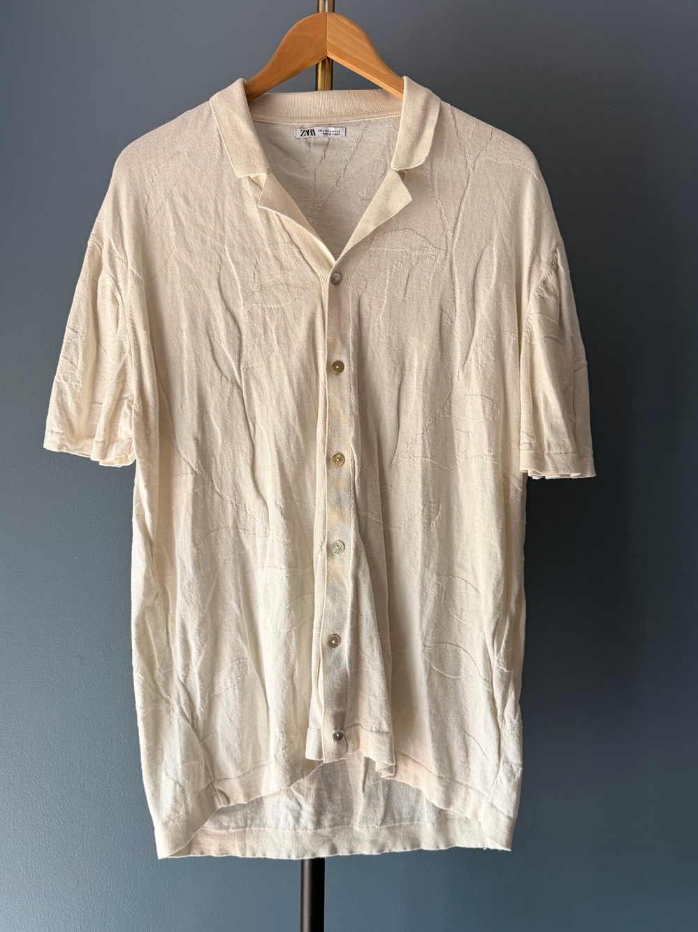 Zara Men Cream Short Sleeve Textured Button-Down Shirt